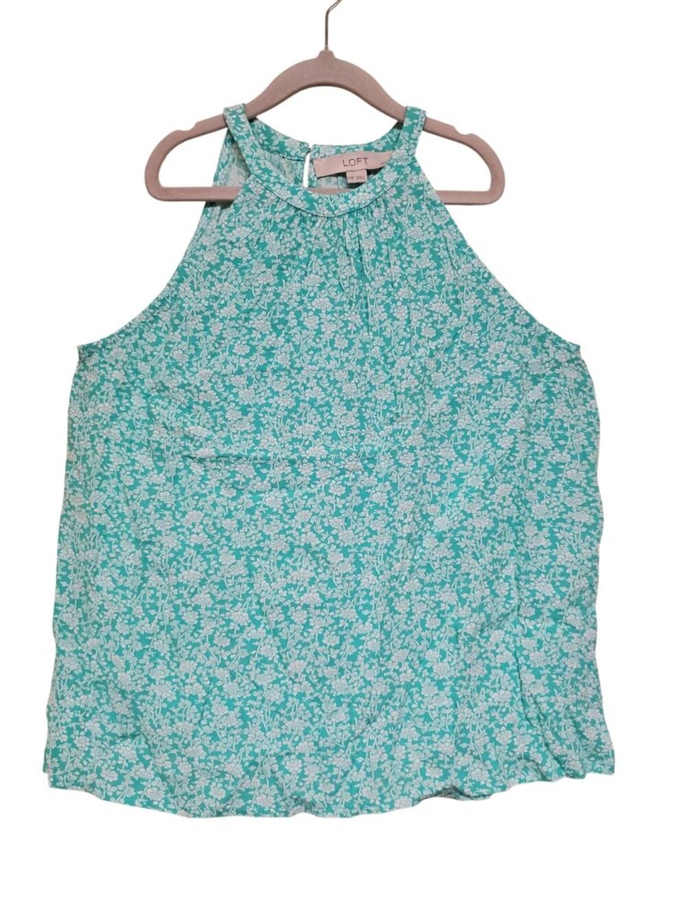 Ann Taylor LOFT Petite Aqua White Ditsy Floral High Neck Sleeveless Top XXSP
